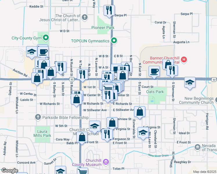 map of restaurants, bars, coffee shops, grocery stores, and more near 100 South Maine Street in Fallon
