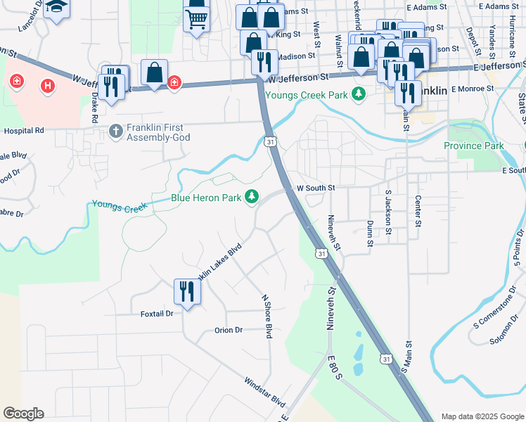 map of restaurants, bars, coffee shops, grocery stores, and more near 731 Franklin Lakes Blvd in Franklin