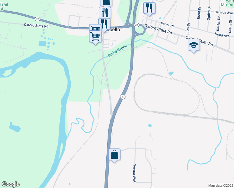 map of restaurants, bars, coffee shops, grocery stores, and more near 3611-3659 South Main Street in Middletown