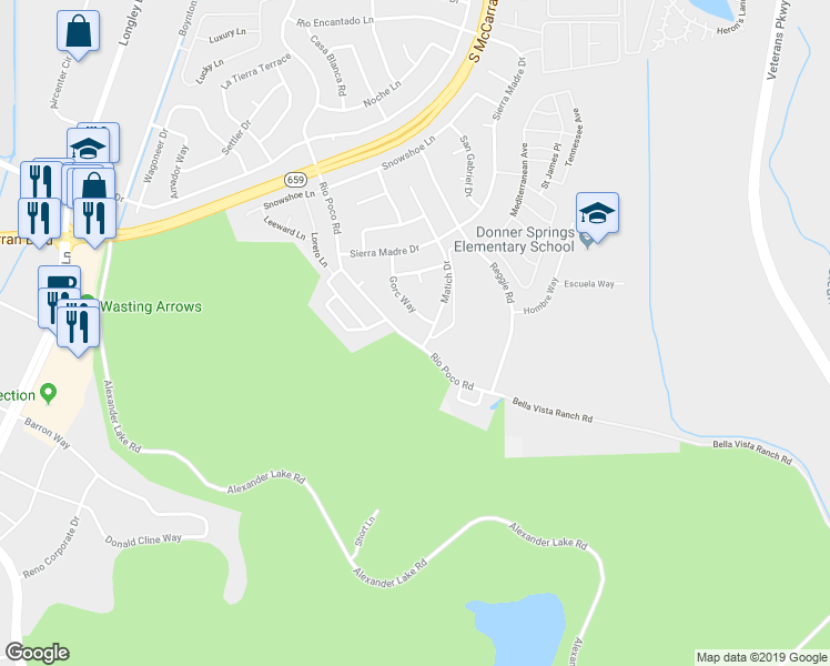 map of restaurants, bars, coffee shops, grocery stores, and more near 4540 Rio Poco Road in Reno