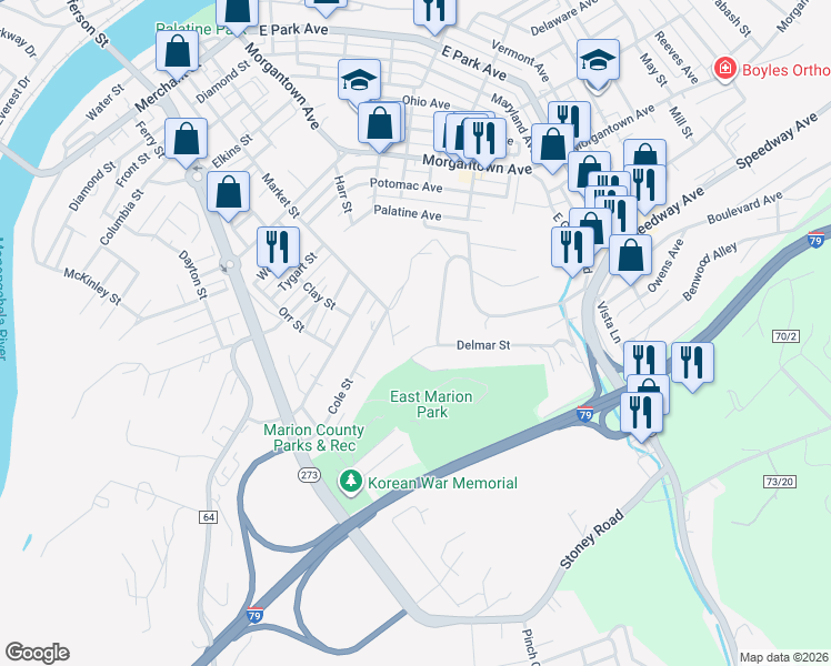 map of restaurants, bars, coffee shops, grocery stores, and more near 291 Homewood Ave in Fairmont