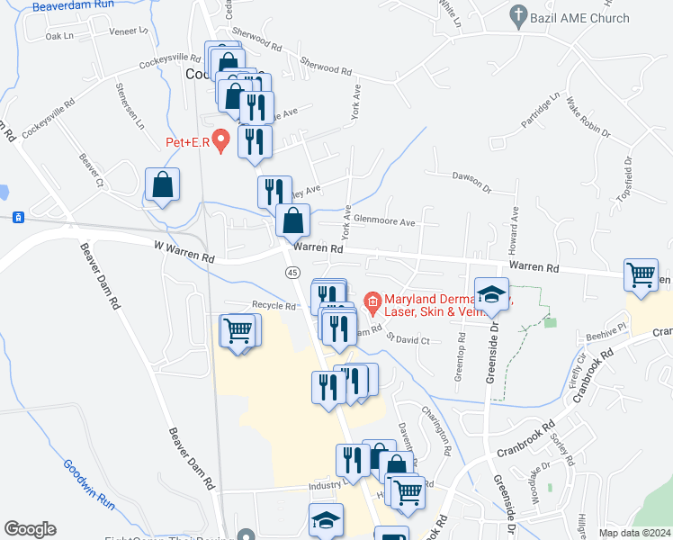 map of restaurants, bars, coffee shops, grocery stores, and more near 6 Warren Lodge Court in Cockeysville