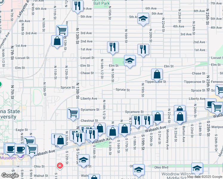 map of restaurants, bars, coffee shops, grocery stores, and more near 506 North 15th Street in Terre Haute