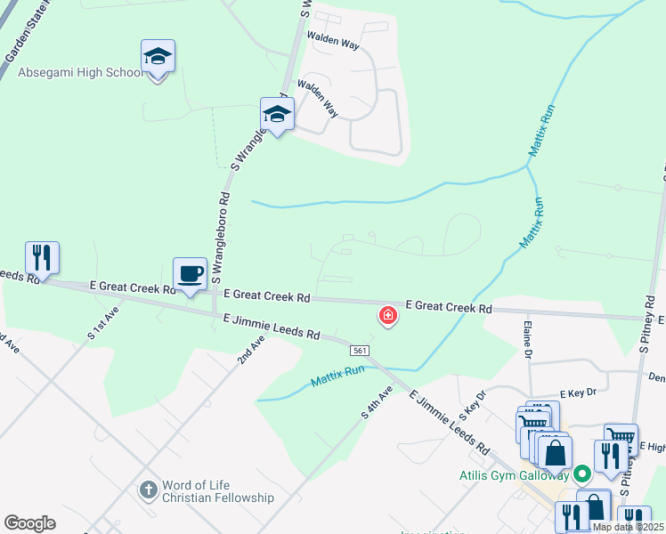 map of restaurants, bars, coffee shops, grocery stores, and more near 57 Mattix Run in Galloway