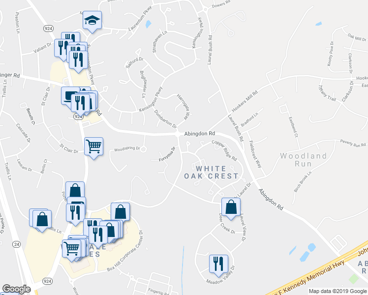 map of restaurants, bars, coffee shops, grocery stores, and more near 3122 Holly Berry Court in Abingdon