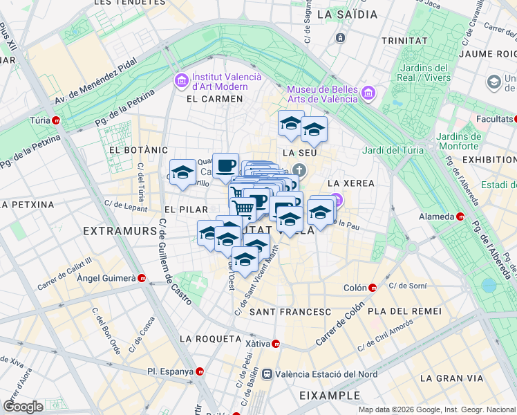 map of restaurants, bars, coffee shops, grocery stores, and more near 23 Calle Ercilla in Valencia
