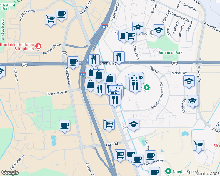 map of restaurants, bars, coffee shops, grocery stores, and more near 5011 Meadowood Mall Circle in Reno