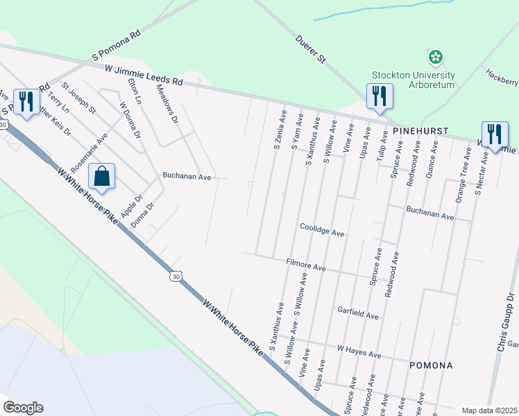 map of restaurants, bars, coffee shops, grocery stores, and more near 415 South Zenia Avenue in Galloway