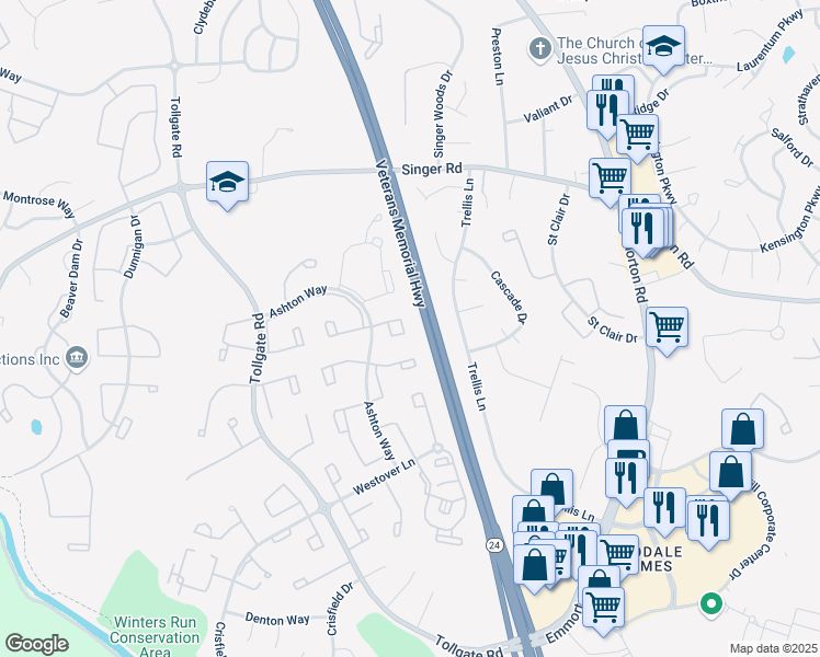 map of restaurants, bars, coffee shops, grocery stores, and more near 201 Ellerslie Court in Abingdon