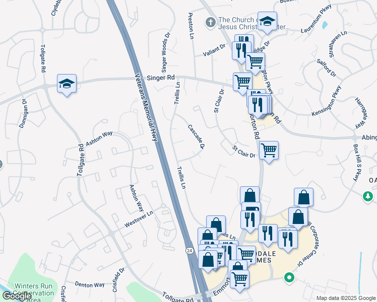 map of restaurants, bars, coffee shops, grocery stores, and more near 3202 Uppercoe Court in Abingdon