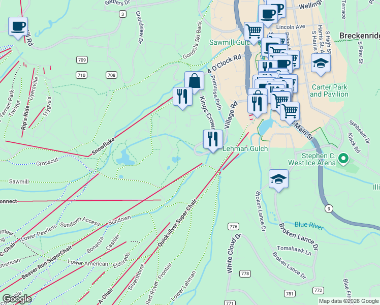 map of restaurants, bars, coffee shops, grocery stores, and more near 620 Village Road in Breckenridge