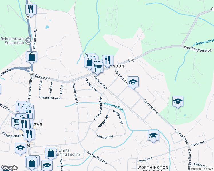 map of restaurants, bars, coffee shops, grocery stores, and more near 3 East Chatsworth Avenue in Reisterstown