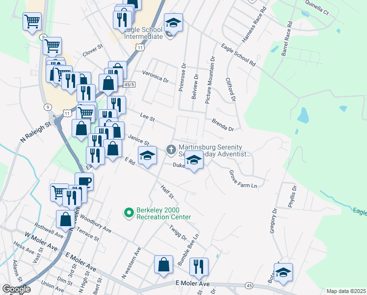 map of restaurants, bars, coffee shops, grocery stores, and more near 1208 Curlew Court in Martinsburg