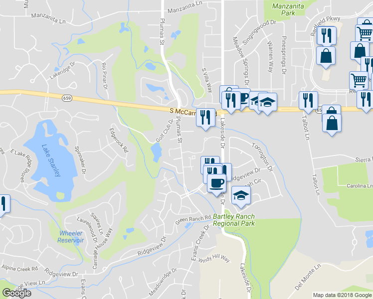map of restaurants, bars, coffee shops, grocery stores, and more near 6002 Plumas Street in Reno
