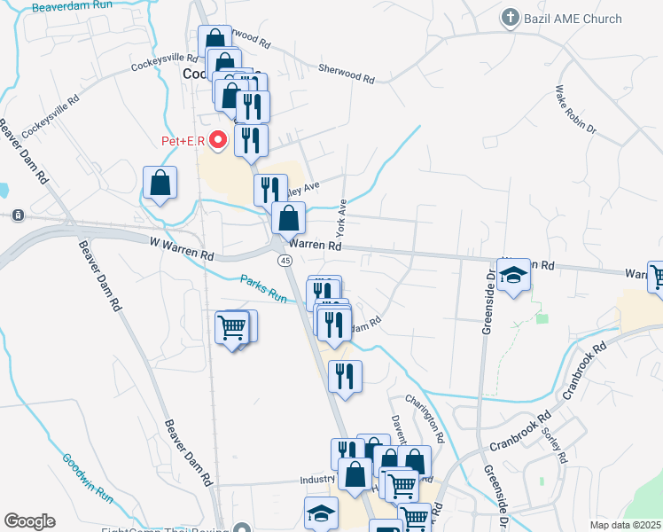 map of restaurants, bars, coffee shops, grocery stores, and more near 6 Warren Lodge Court in Cockeysville