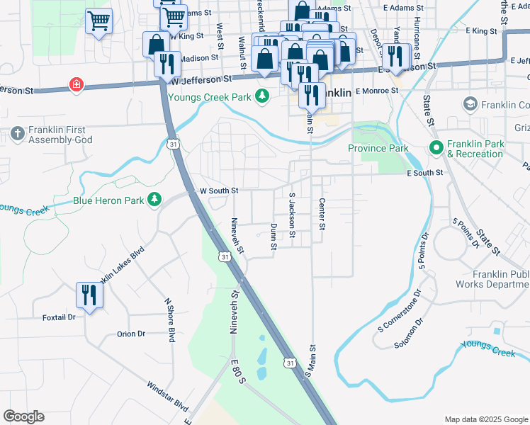map of restaurants, bars, coffee shops, grocery stores, and more near 494 Dunn Street in Franklin