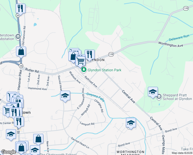 map of restaurants, bars, coffee shops, grocery stores, and more near 16 Chatsworth Avenue in Reisterstown