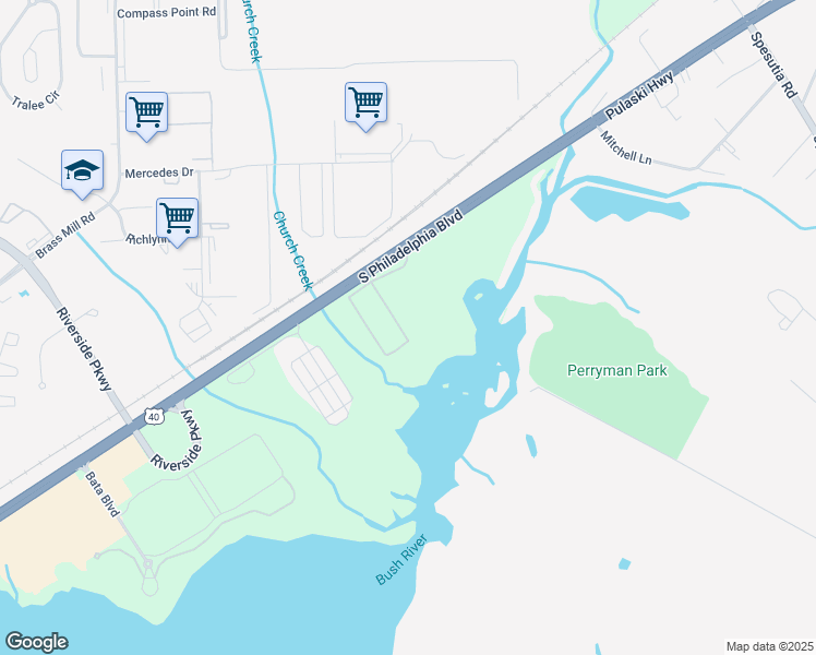 map of restaurants, bars, coffee shops, grocery stores, and more near 153 Merlin Drive in Belcamp