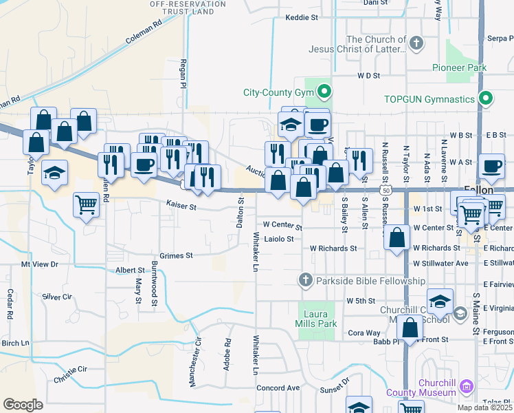 map of restaurants, bars, coffee shops, grocery stores, and more near 69 Whitaker Lane in Fallon