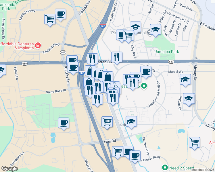 map of restaurants, bars, coffee shops, grocery stores, and more near 5011 Meadowood Mall Circle in Reno