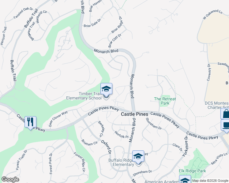map of restaurants, bars, coffee shops, grocery stores, and more near 597 Bristolwood Lane in Castle Pines