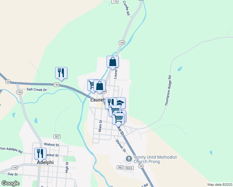 map of restaurants, bars, coffee shops, grocery stores, and more near 18558 Laurel Street in Laurelville
