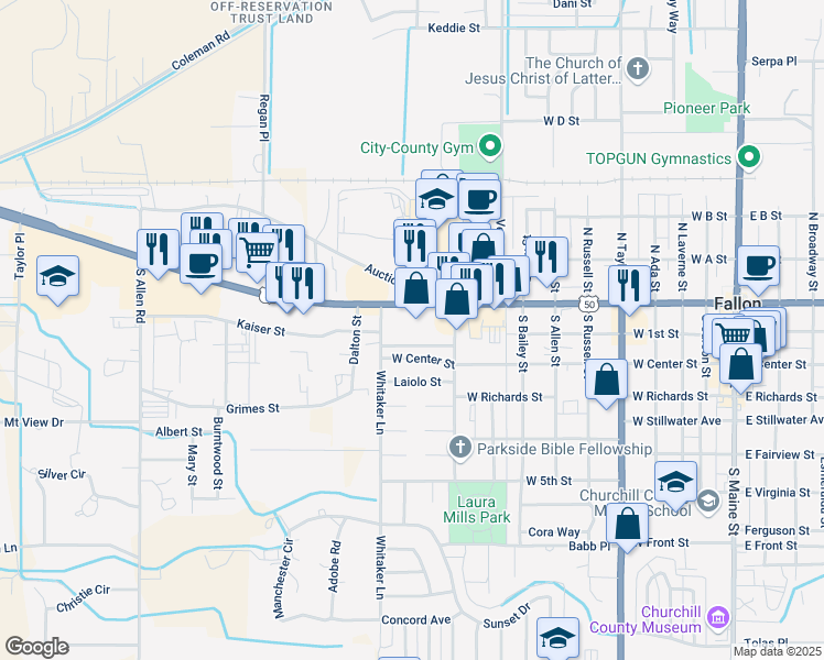 map of restaurants, bars, coffee shops, grocery stores, and more near 997 West Williams Avenue in Fallon