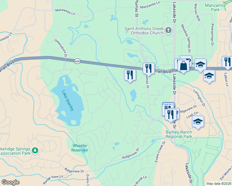 map of restaurants, bars, coffee shops, grocery stores, and more near 2642 Edgerock Road in Reno