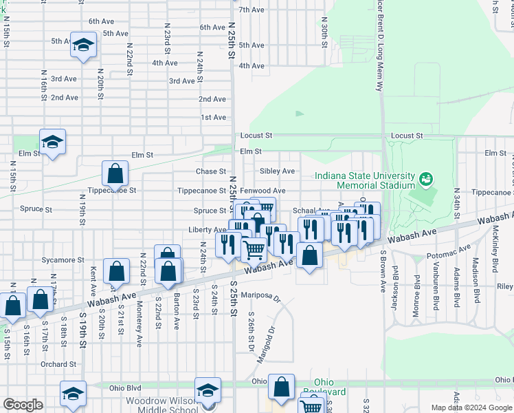 map of restaurants, bars, coffee shops, grocery stores, and more near 2600 Schaal Avenue in Terre Haute