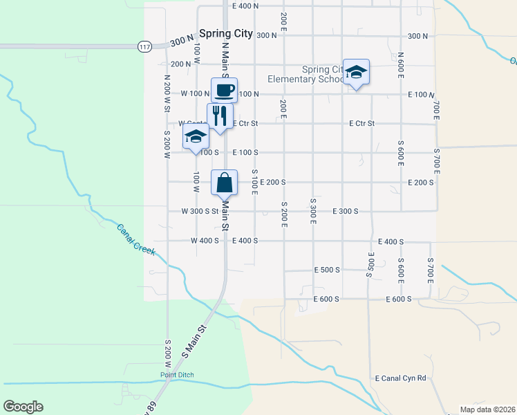map of restaurants, bars, coffee shops, grocery stores, and more near 287 South 100 East in Spring City