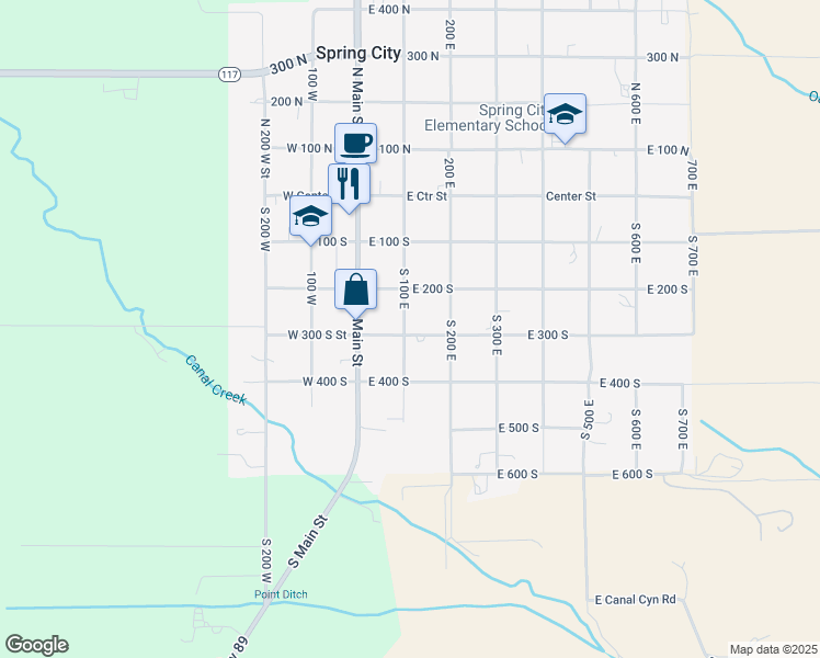 map of restaurants, bars, coffee shops, grocery stores, and more near 287 South 100 East in Spring City