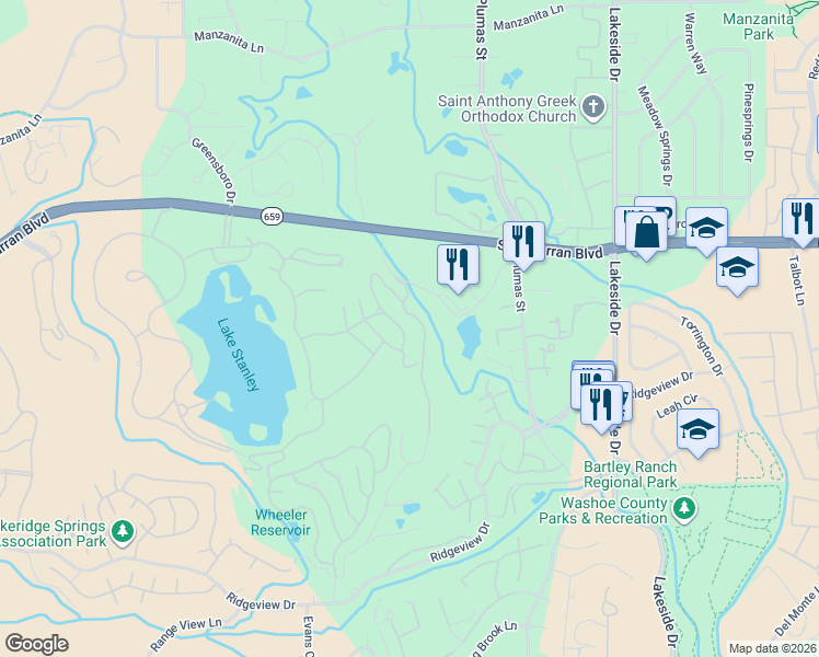 map of restaurants, bars, coffee shops, grocery stores, and more near 2642 Edgerock Road in Reno
