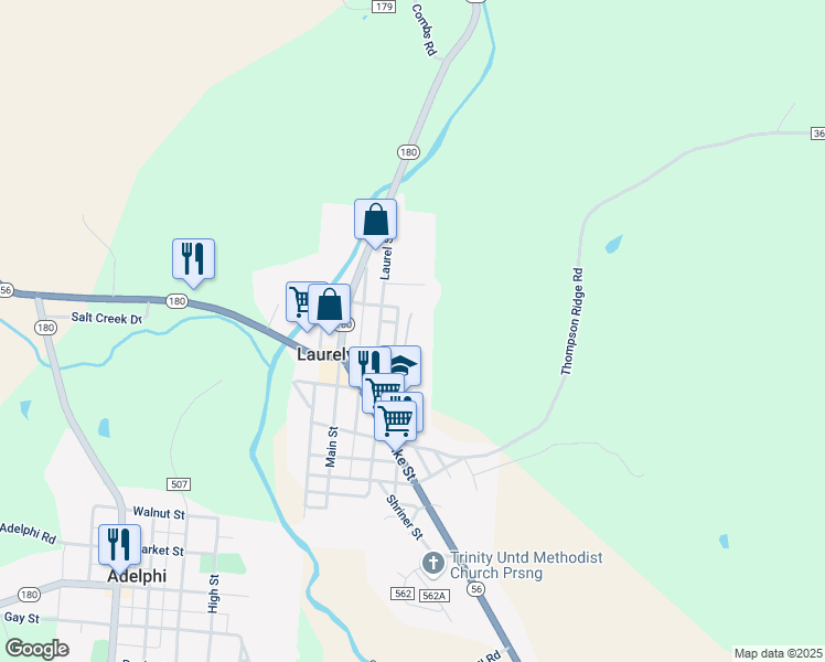 map of restaurants, bars, coffee shops, grocery stores, and more near 18558 Laurel Street in Laurelville