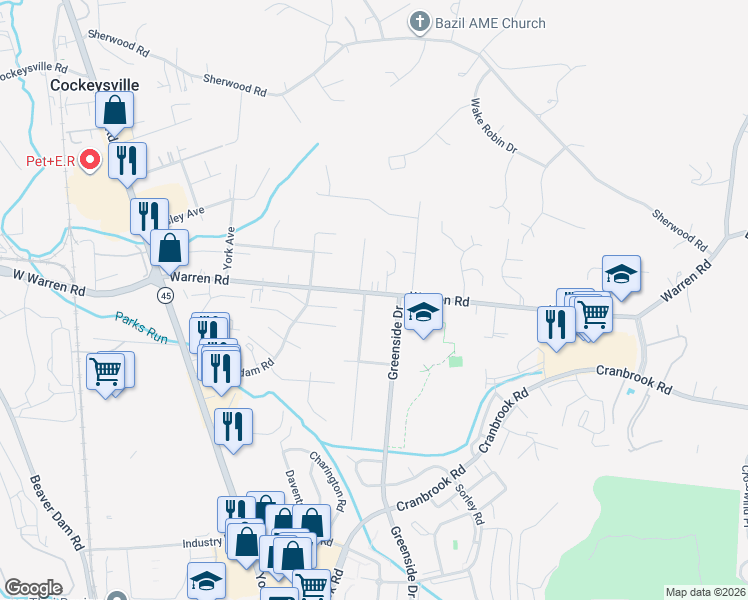 map of restaurants, bars, coffee shops, grocery stores, and more near 227 Warren Road in Cockeysville