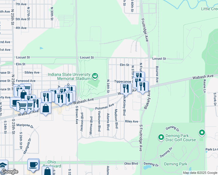 map of restaurants, bars, coffee shops, grocery stores, and more near 19 North 34th Street in Terre Haute