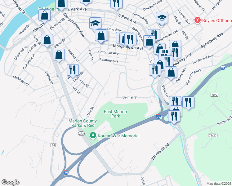 map of restaurants, bars, coffee shops, grocery stores, and more near 291 Homewood Avenue in Fairmont