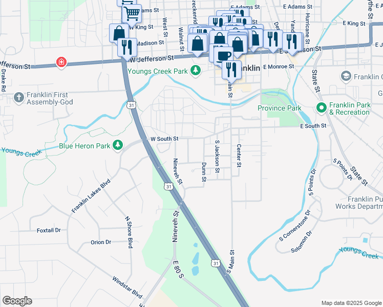 map of restaurants, bars, coffee shops, grocery stores, and more near 494 Dunn Street in Franklin