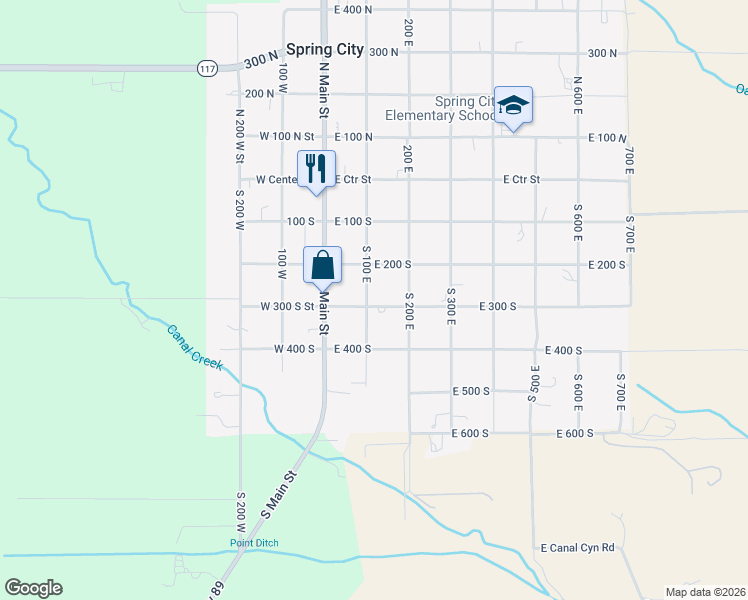 map of restaurants, bars, coffee shops, grocery stores, and more near 100 East 300 South in Spring City