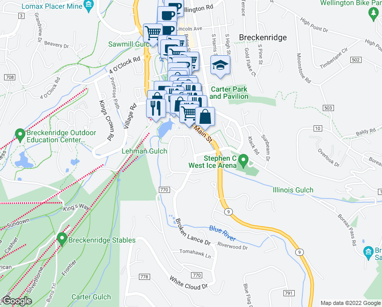 map of restaurants, bars, coffee shops, grocery stores, and more near 106 Columbine Road in Breckenridge