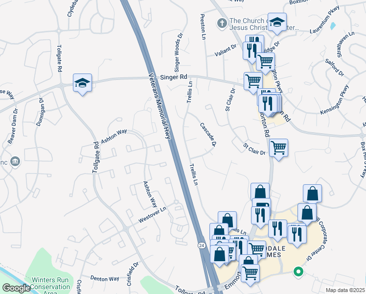 map of restaurants, bars, coffee shops, grocery stores, and more near 3102 Trellis Lane in Abingdon