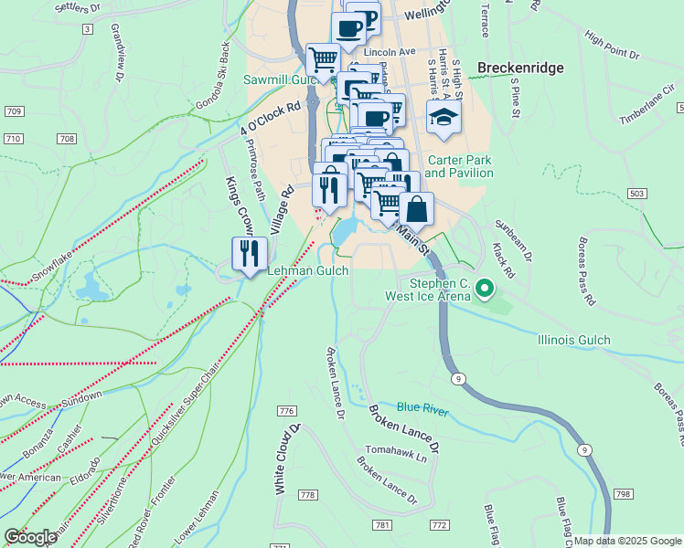 map of restaurants, bars, coffee shops, grocery stores, and more near 765 Columbine Road in Breckenridge