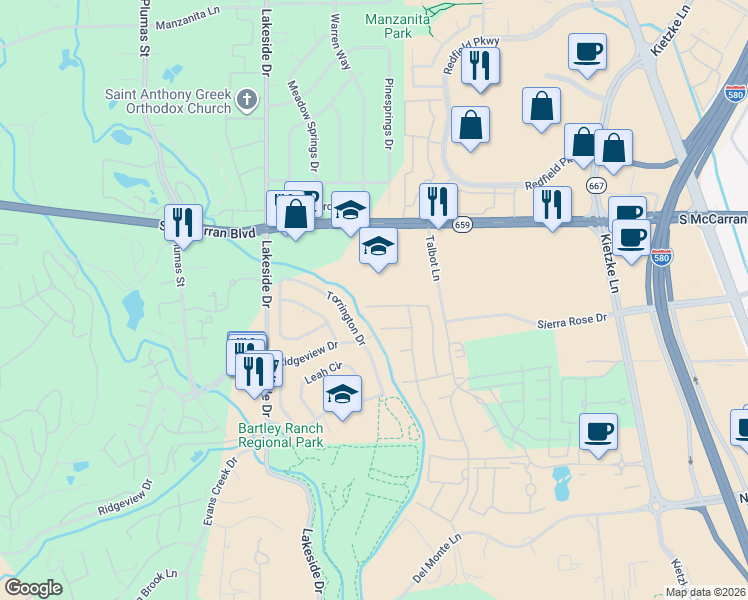 map of restaurants, bars, coffee shops, grocery stores, and more near 723 West Pleasant Oak Trail in Reno