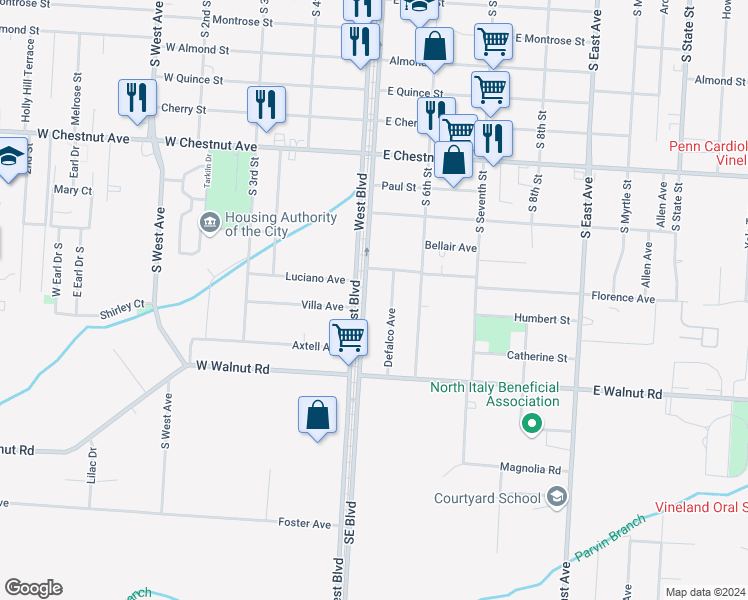 map of restaurants, bars, coffee shops, grocery stores, and more near 771 Southeast Boulevard in Vineland