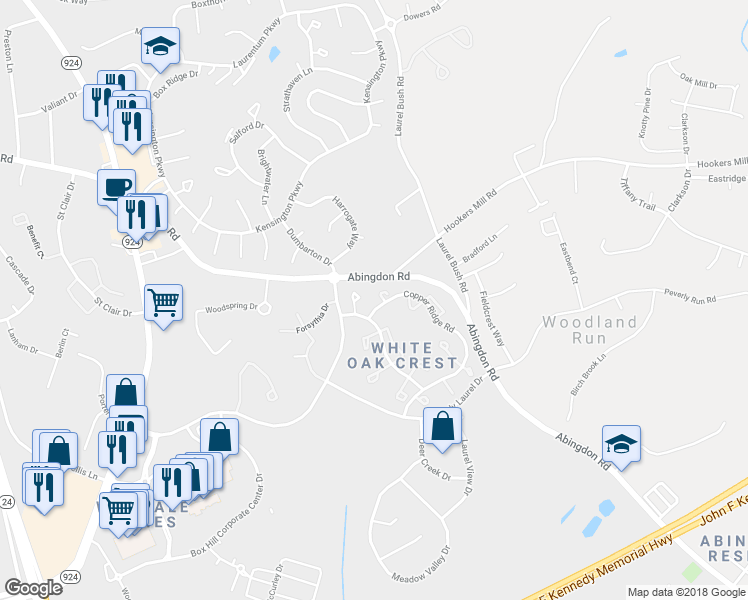 map of restaurants, bars, coffee shops, grocery stores, and more near 3135 Thornapple Court in Abingdon