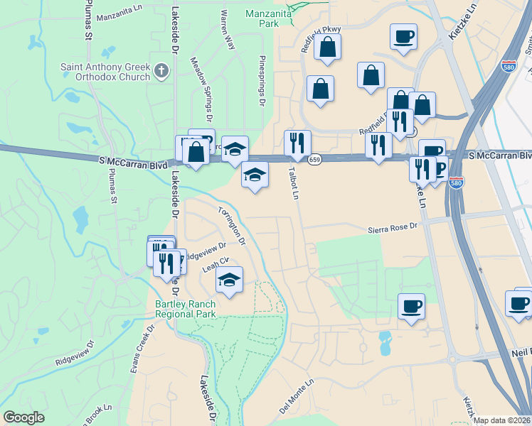 map of restaurants, bars, coffee shops, grocery stores, and more near 6102 Triple Crown Dr in Reno