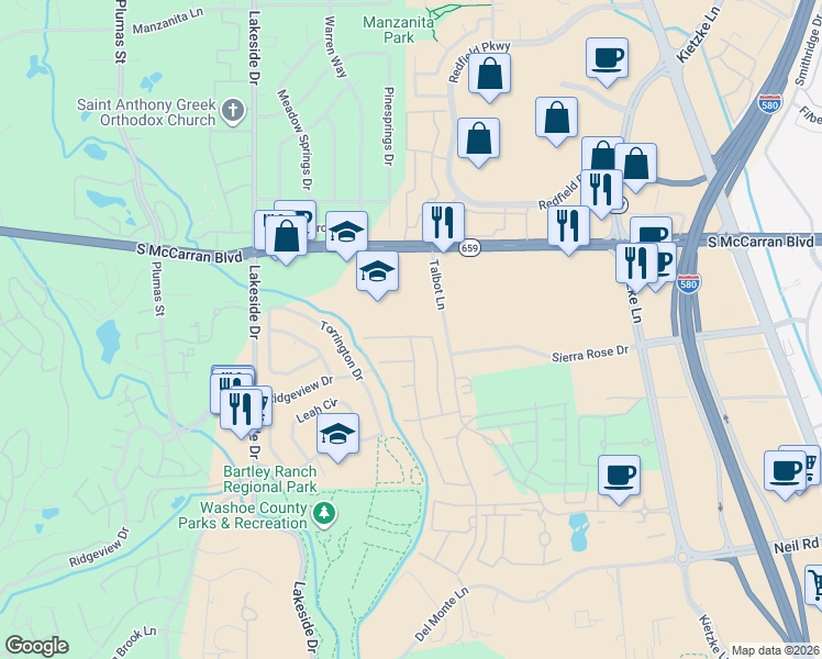 map of restaurants, bars, coffee shops, grocery stores, and more near 6102 Triple Crown Dr in Reno