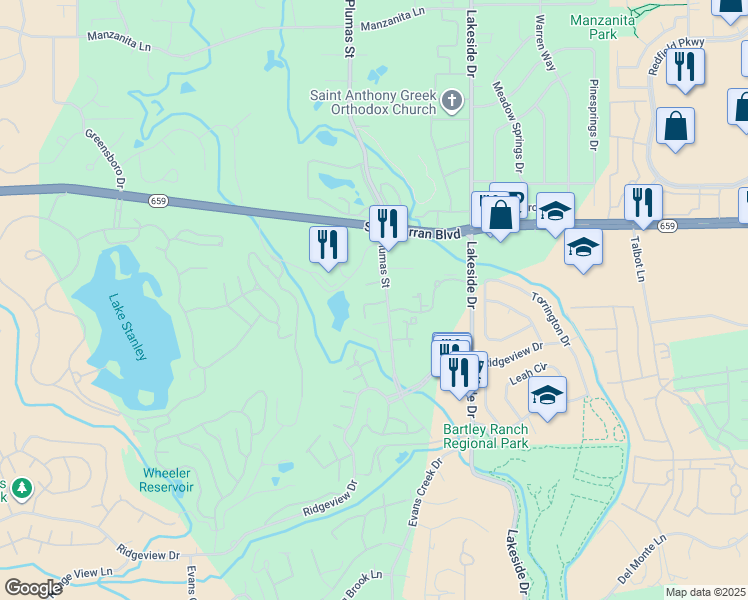map of restaurants, bars, coffee shops, grocery stores, and more near 6155 Plumas Street in Reno