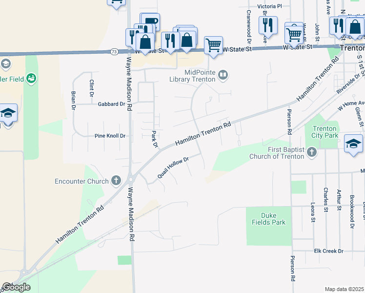 map of restaurants, bars, coffee shops, grocery stores, and more near 5559 Hamilton Trenton Road in Trenton