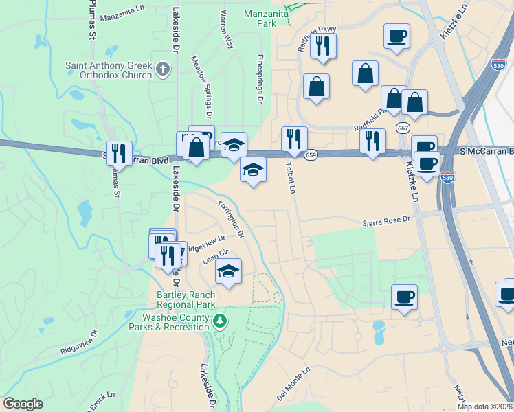 map of restaurants, bars, coffee shops, grocery stores, and more near 723 W Pleasant Oak Trail in Reno