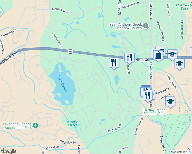 map of restaurants, bars, coffee shops, grocery stores, and more near 2640 Rock View Drive in Reno